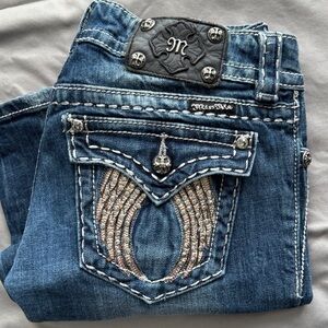 Miss Me Jeans Womens 27 Straight Low Rise Dark Wash Fallen Angel Wings Jeans